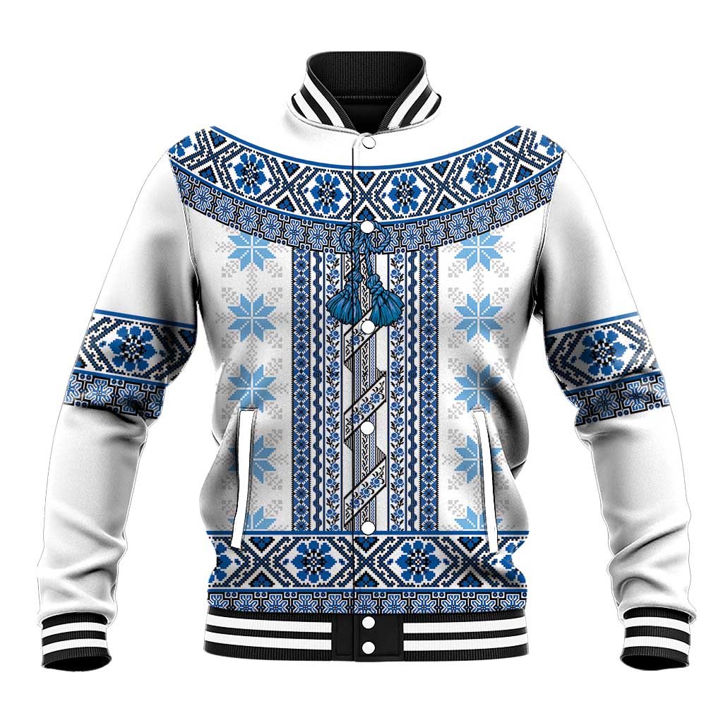 Ukraine Baseball Jacket Traditional Braided Rope Belt Blue Folk Pattern
