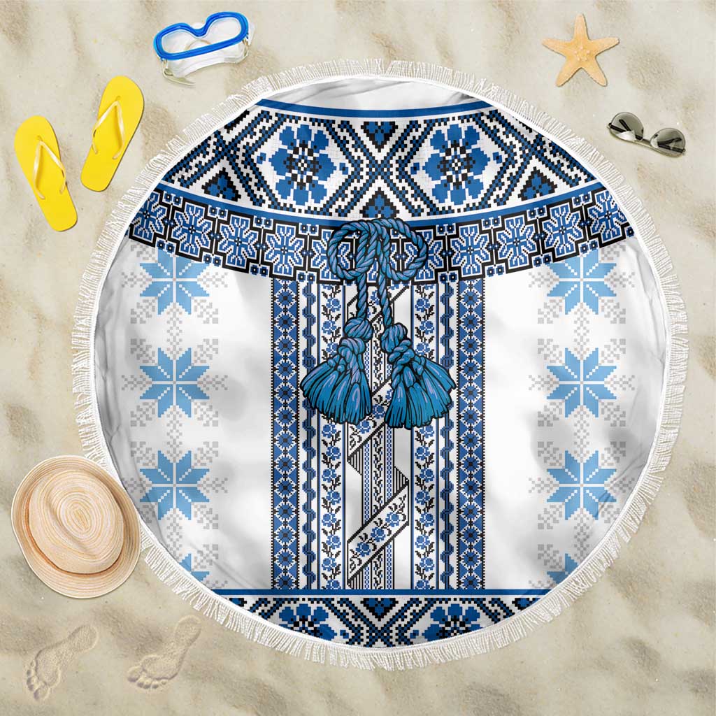 Ukraine Beach Blanket Traditional Braided Rope Belt Blue Folk Pattern