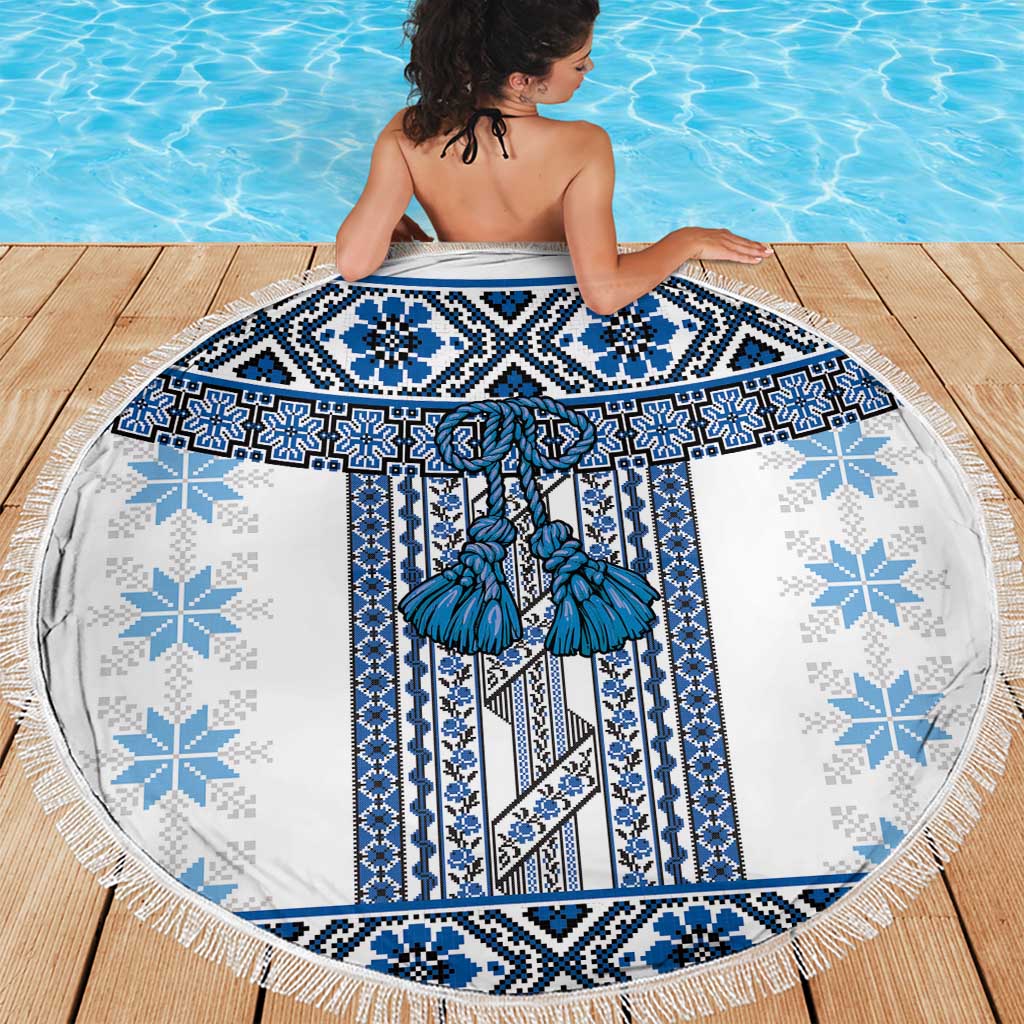 Ukraine Beach Blanket Traditional Braided Rope Belt Blue Folk Pattern