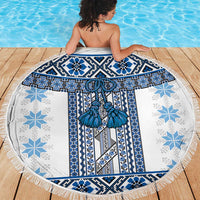 Ukraine Beach Blanket Traditional Braided Rope Belt Blue Folk Pattern