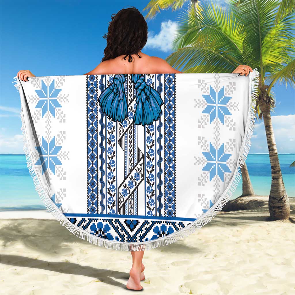 Ukraine Beach Blanket Traditional Braided Rope Belt Blue Folk Pattern