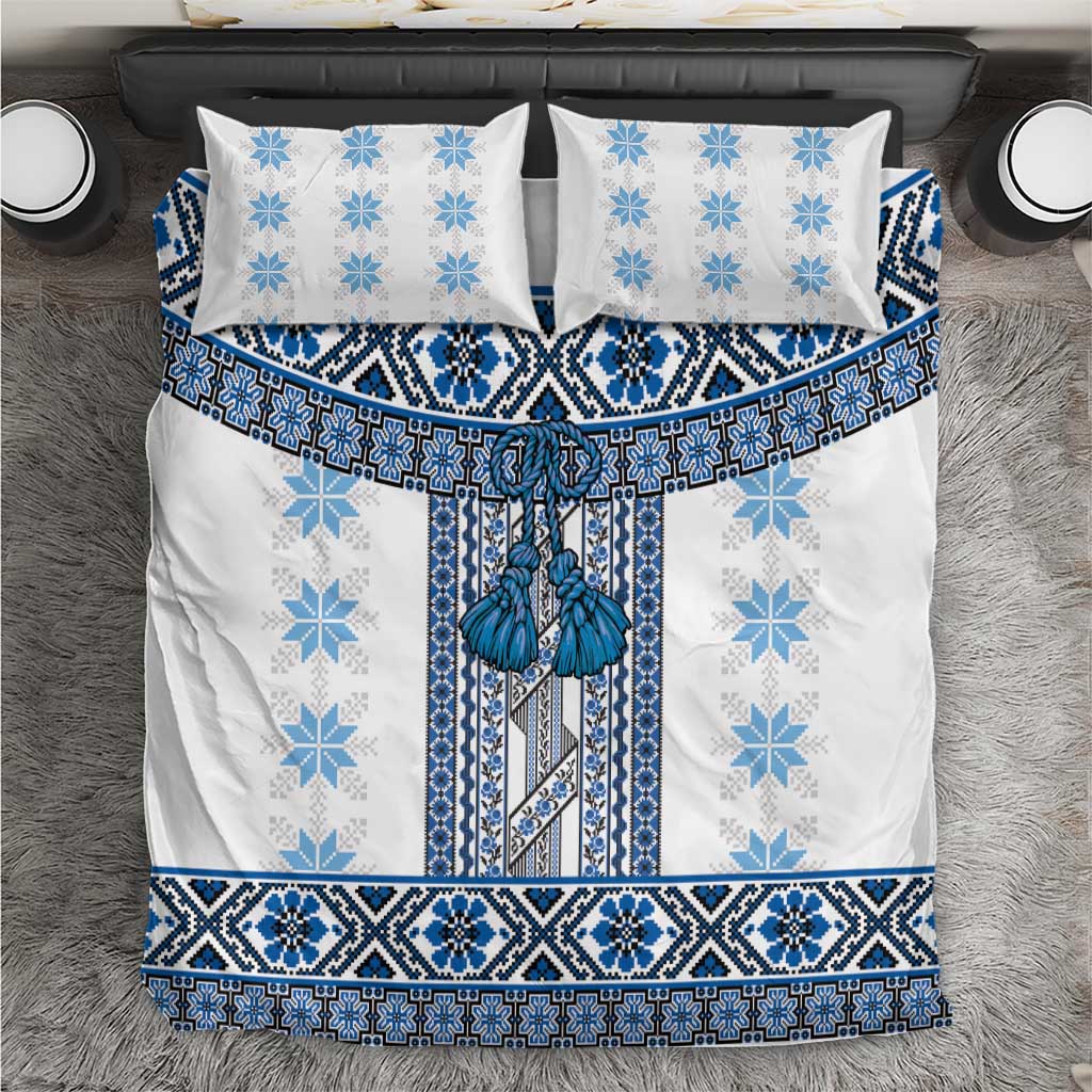Ukraine Bedding Set Traditional Braided Rope Belt Blue Folk Pattern