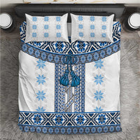 Ukraine Bedding Set Traditional Braided Rope Belt Blue Folk Pattern