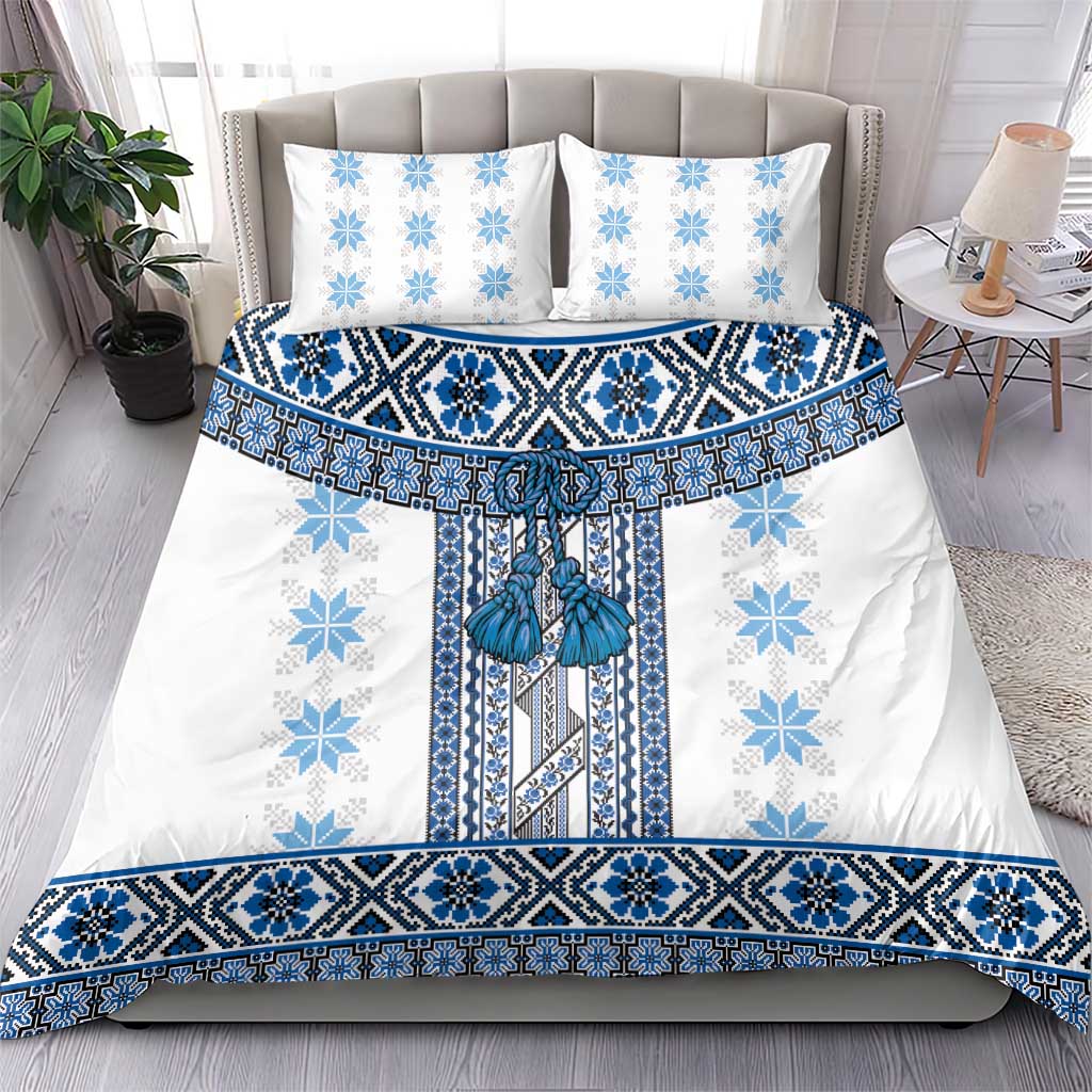 Ukraine Bedding Set Traditional Braided Rope Belt Blue Folk Pattern