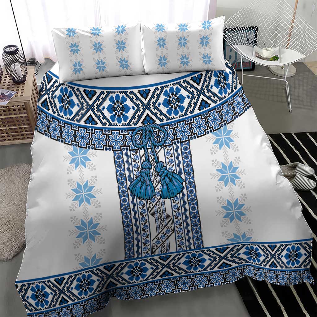 Ukraine Bedding Set Traditional Braided Rope Belt Blue Folk Pattern