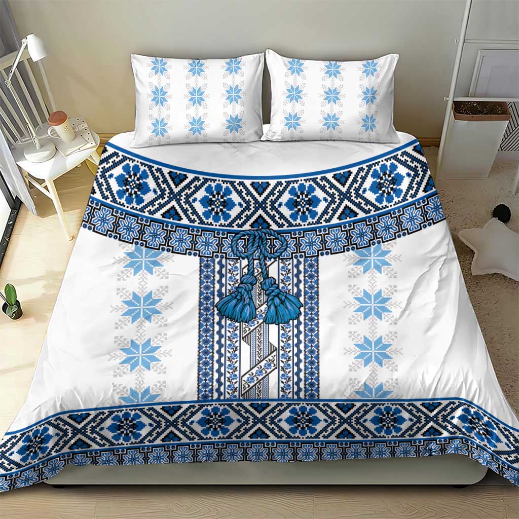 Ukraine Bedding Set Traditional Braided Rope Belt Blue Folk Pattern