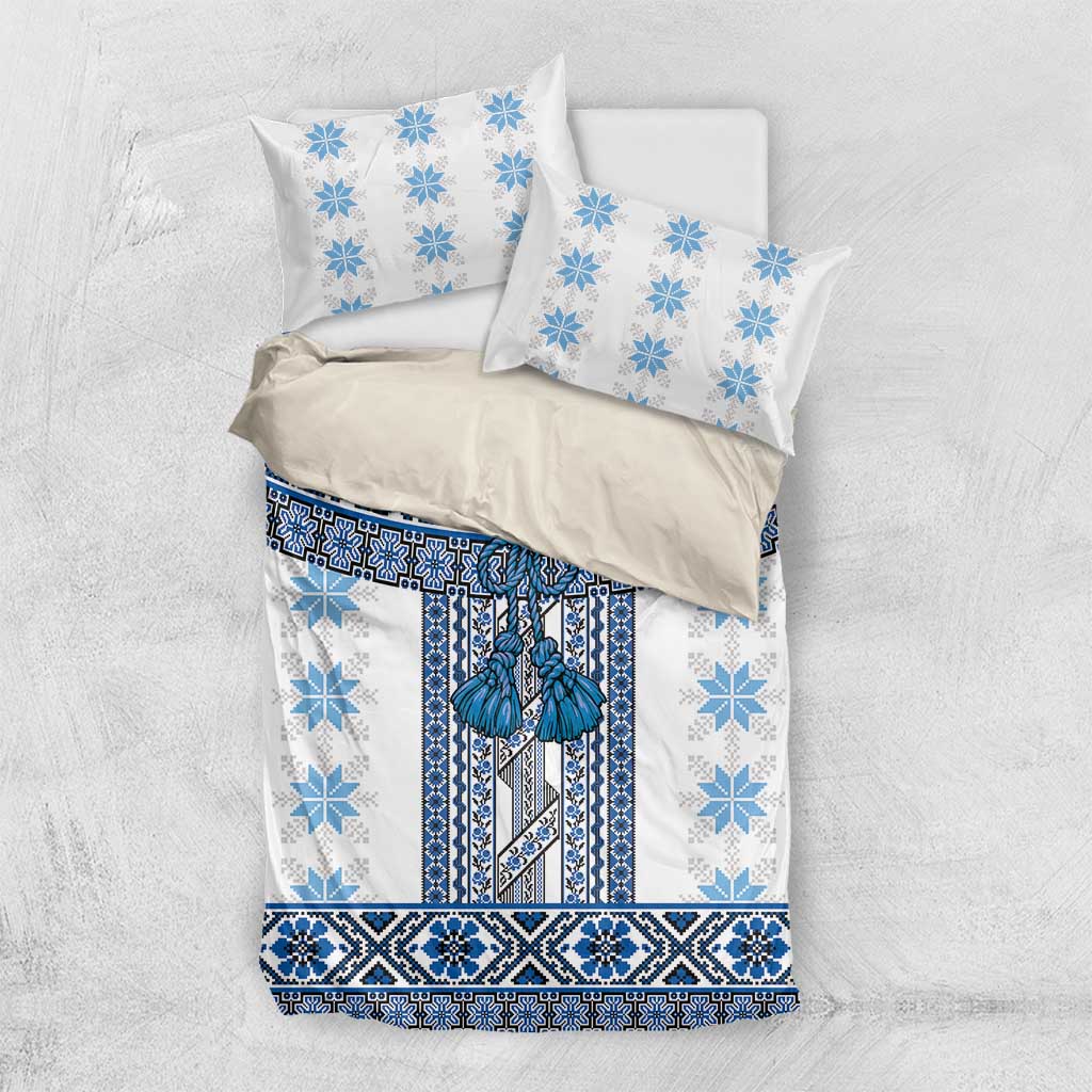 Ukraine Bedding Set Traditional Braided Rope Belt Blue Folk Pattern