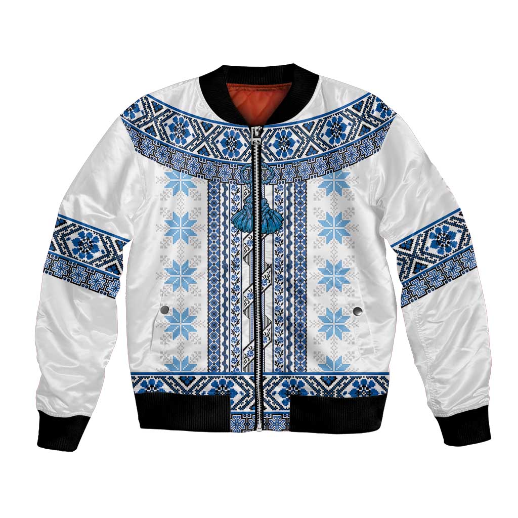 Ukraine Bomber Jacket Traditional Braided Rope Belt Blue Folk Pattern