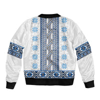 Ukraine Bomber Jacket Traditional Braided Rope Belt Blue Folk Pattern