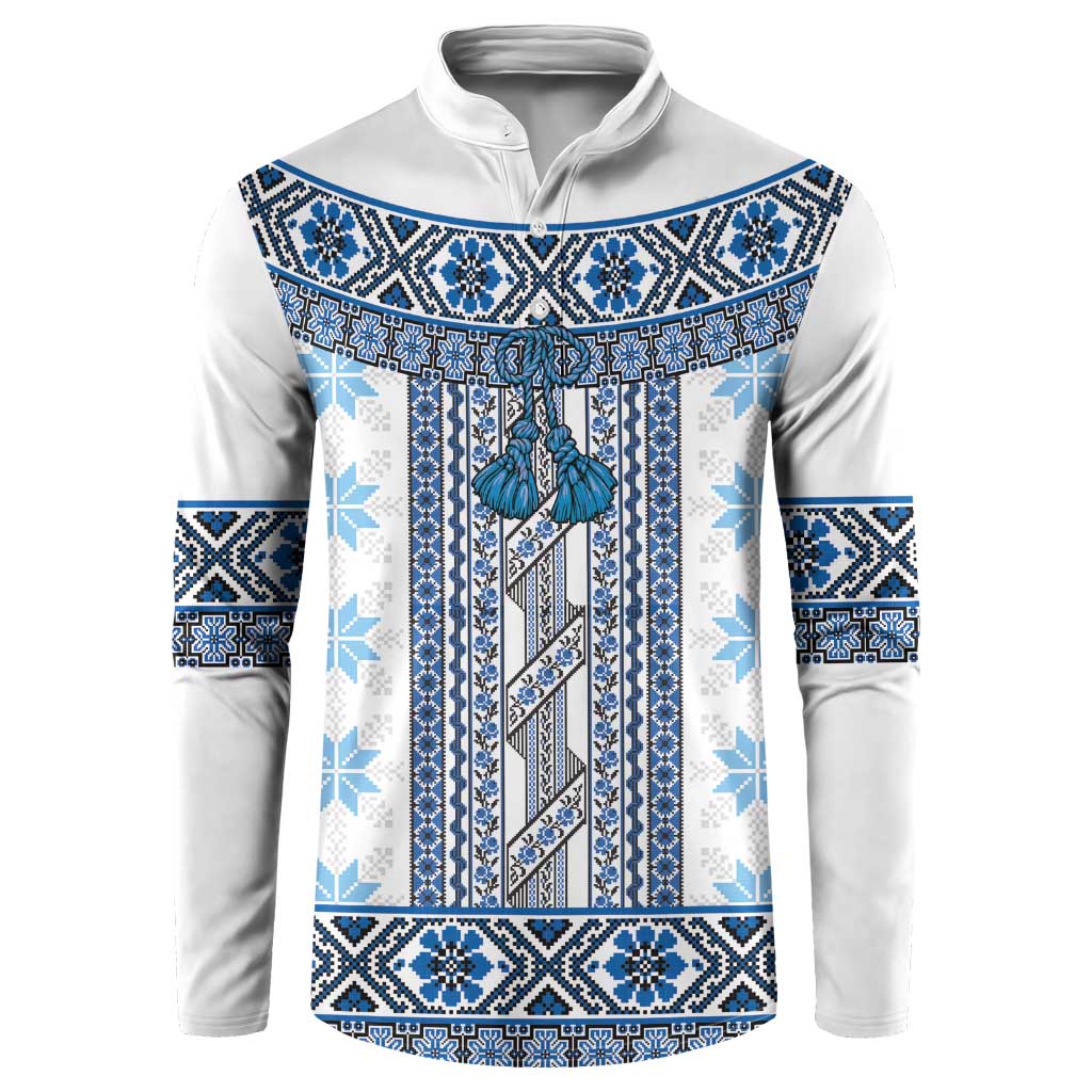 Ukraine Button Sweatshirt Traditional Braided Rope Belt Blue Folk Pattern