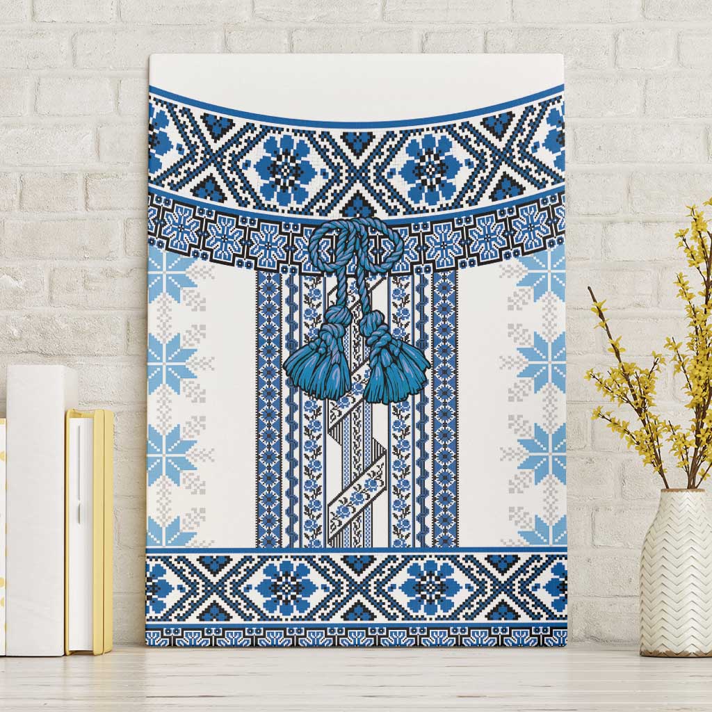 Ukraine Canvas Wall Art Traditional Braided Rope Belt Blue Folk Pattern