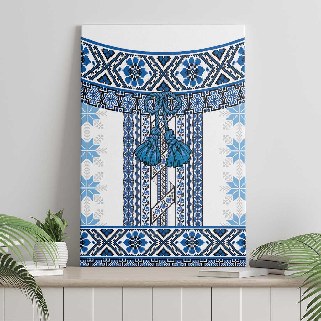 Ukraine Canvas Wall Art Traditional Braided Rope Belt Blue Folk Pattern