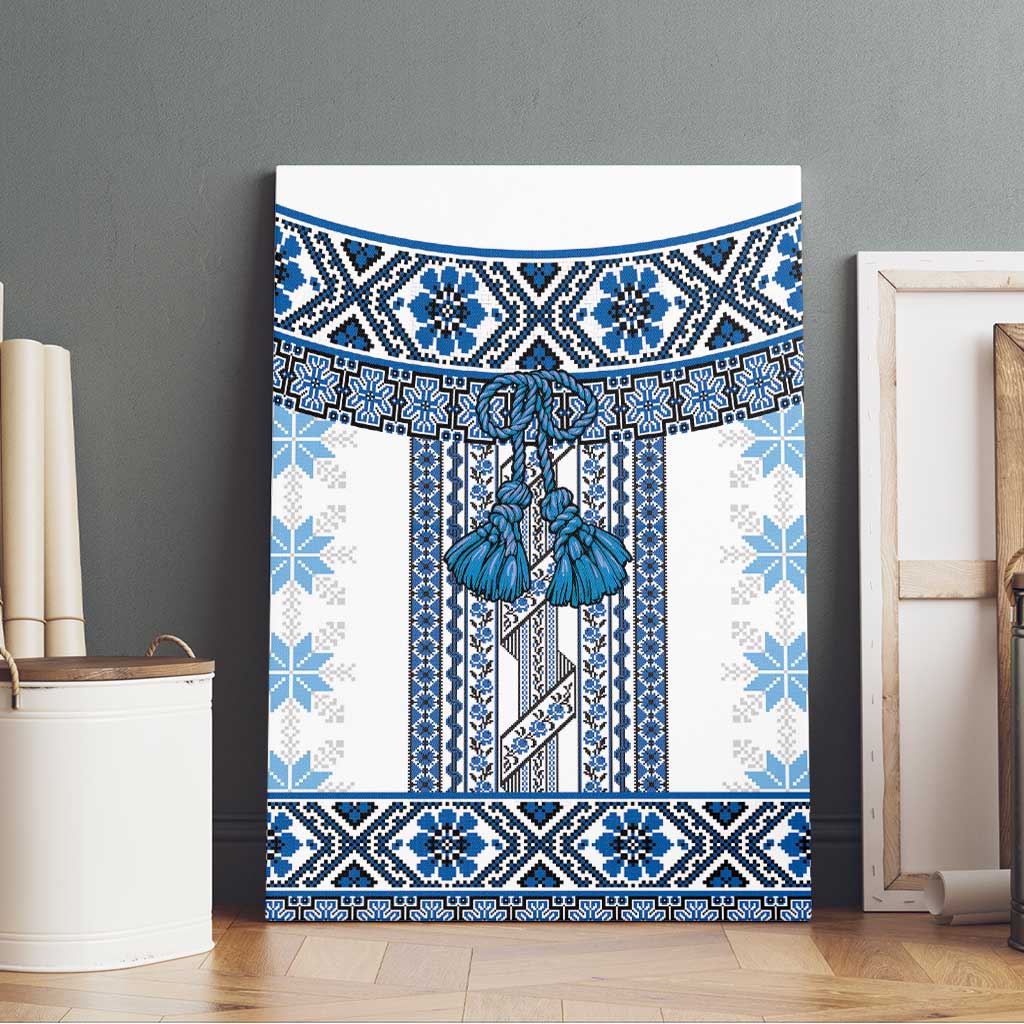 Ukraine Canvas Wall Art Traditional Braided Rope Belt Blue Folk Pattern