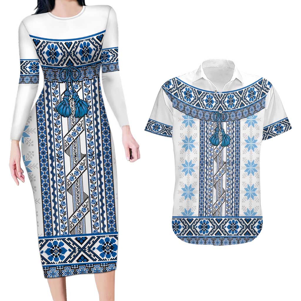 Ukraine Couples Matching Long Sleeve Bodycon Dress and Hawaiian Shirt Traditional Braided Rope Belt Blue Folk Pattern