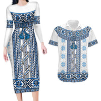 Ukraine Couples Matching Long Sleeve Bodycon Dress and Hawaiian Shirt Traditional Braided Rope Belt Blue Folk Pattern