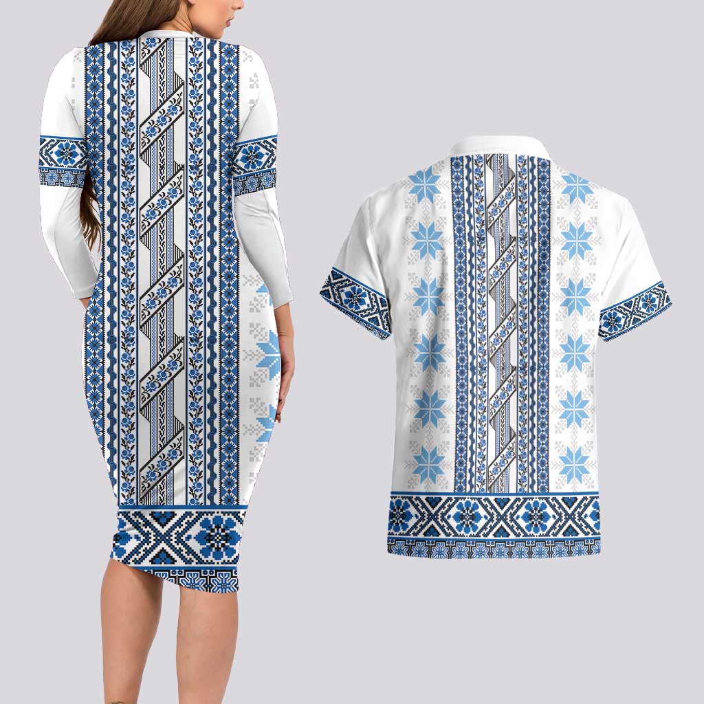 Ukraine Couples Matching Long Sleeve Bodycon Dress and Hawaiian Shirt Traditional Braided Rope Belt Blue Folk Pattern