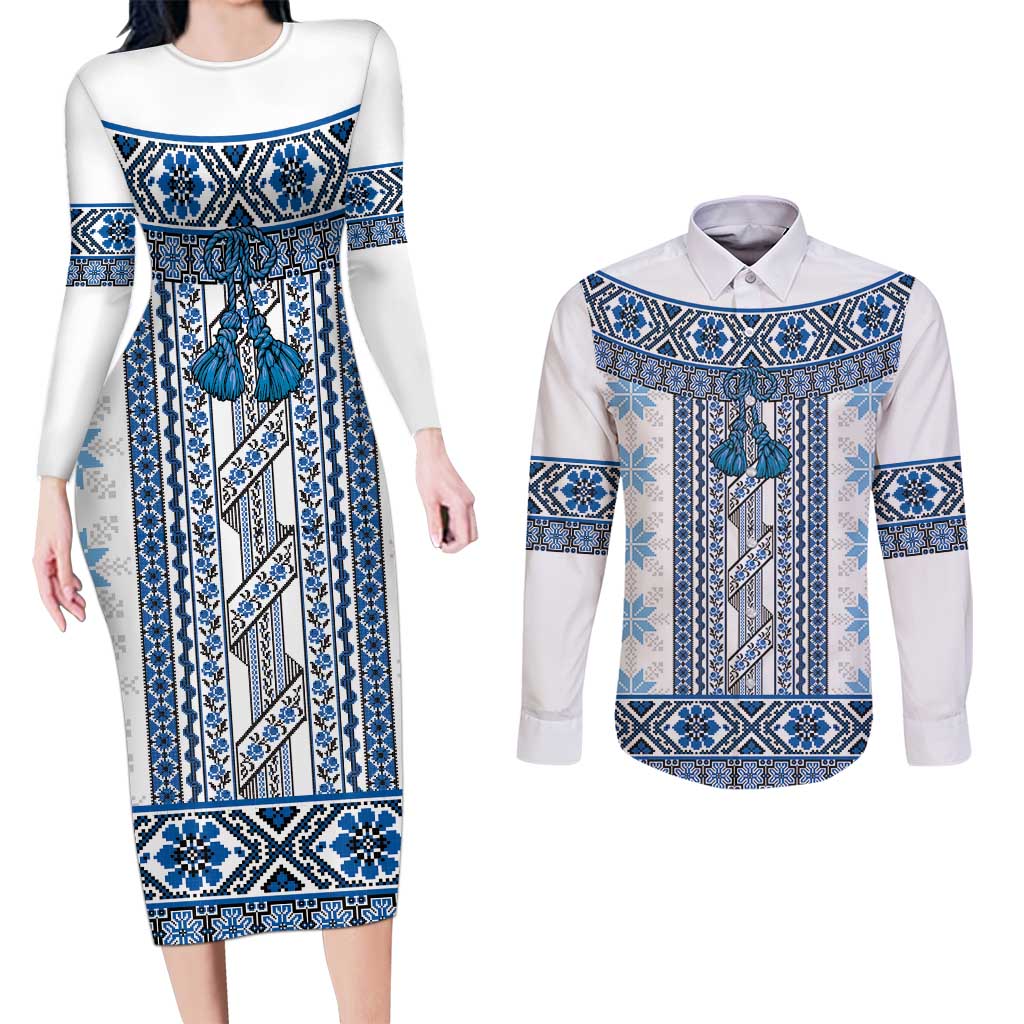 Ukraine Couples Matching Long Sleeve Bodycon Dress and Long Sleeve Button Shirt Traditional Braided Rope Belt Blue Folk Pattern