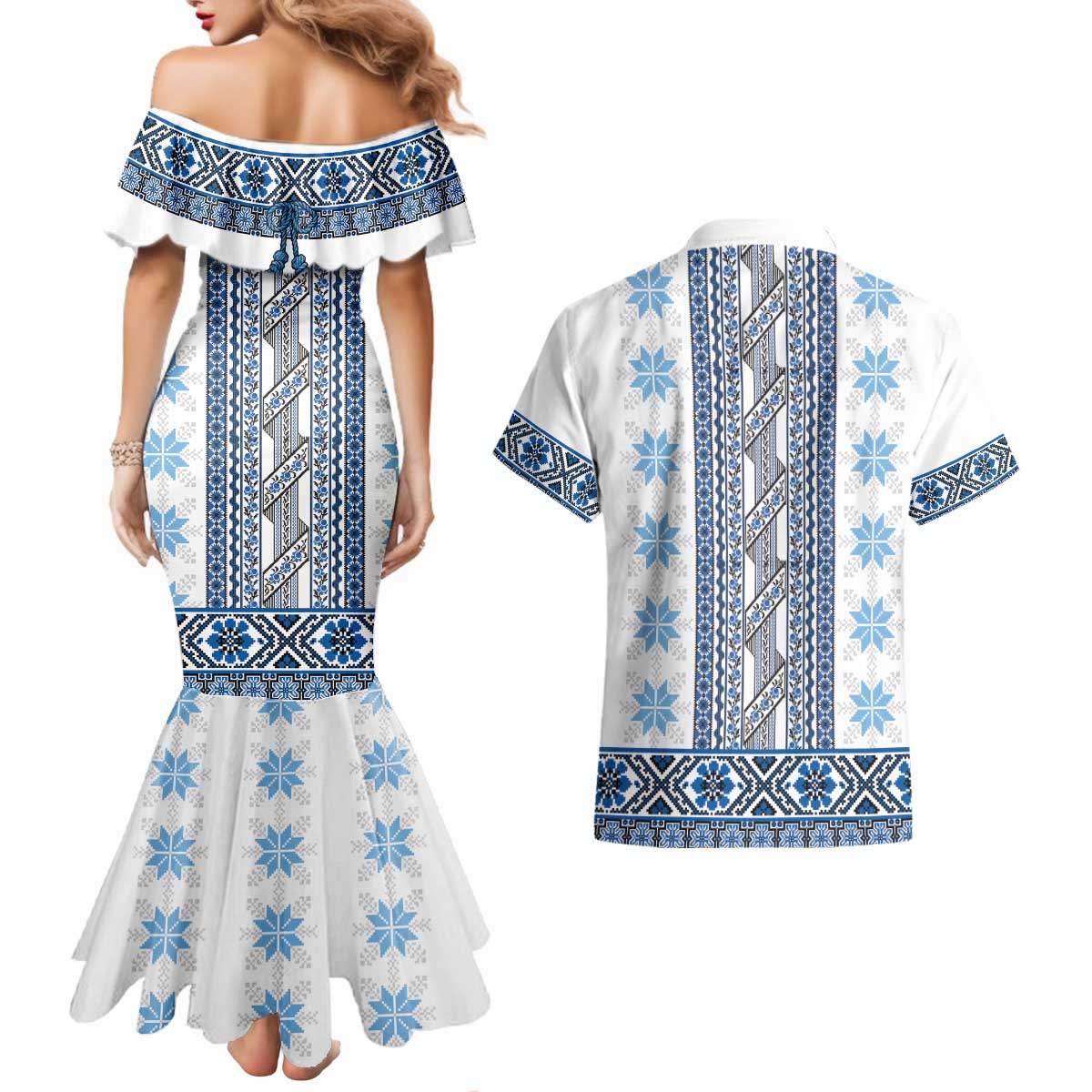 Ukraine Couples Matching Mermaid Dress and Hawaiian Shirt Traditional Braided Rope Belt Blue Folk Pattern