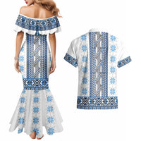 Ukraine Couples Matching Mermaid Dress and Hawaiian Shirt Traditional Braided Rope Belt Blue Folk Pattern