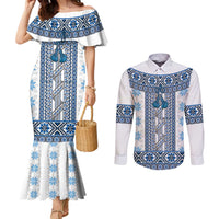 Ukraine Couples Matching Mermaid Dress and Long Sleeve Button Shirt Traditional Braided Rope Belt Blue Folk Pattern