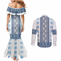 Ukraine Couples Matching Mermaid Dress and Long Sleeve Button Shirt Traditional Braided Rope Belt Blue Folk Pattern