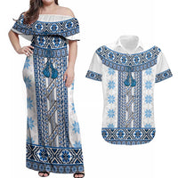 Ukraine Couples Matching Off Shoulder Maxi Dress and Hawaiian Shirt Traditional Braided Rope Belt Blue Folk Pattern