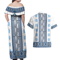 Ukraine Couples Matching Off Shoulder Maxi Dress and Hawaiian Shirt Traditional Braided Rope Belt Blue Folk Pattern