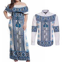 Ukraine Couples Matching Off Shoulder Maxi Dress and Long Sleeve Button Shirt Traditional Braided Rope Belt Blue Folk Pattern