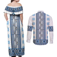 Ukraine Couples Matching Off Shoulder Maxi Dress and Long Sleeve Button Shirt Traditional Braided Rope Belt Blue Folk Pattern