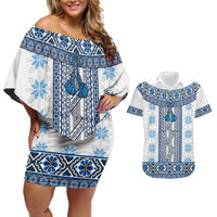 Ukraine Couples Matching Off Shoulder Short Dress and Hawaiian Shirt Traditional Braided Rope Belt Blue Folk Pattern