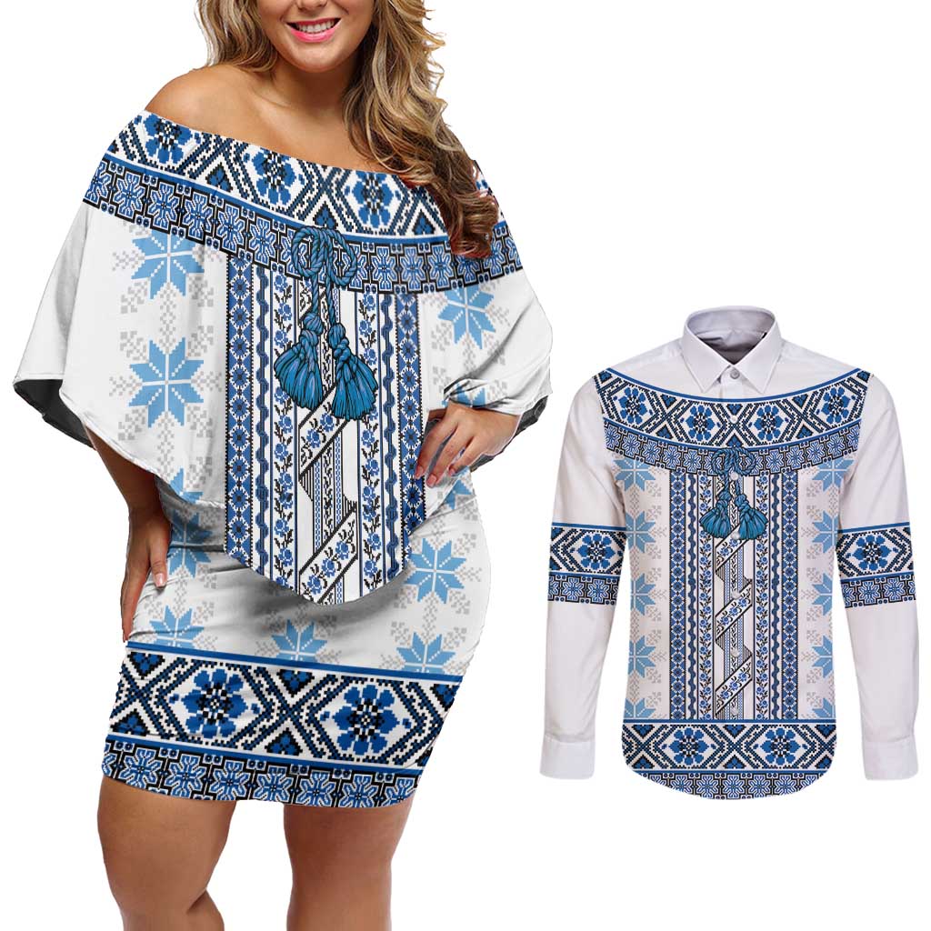 Ukraine Couples Matching Off Shoulder Short Dress and Long Sleeve Button Shirt Traditional Braided Rope Belt Blue Folk Pattern