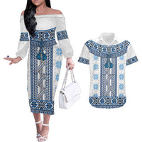 Ukraine Couples Matching Off The Shoulder Long Sleeve Dress and Hawaiian Shirt Traditional Braided Rope Belt Blue Folk Pattern
