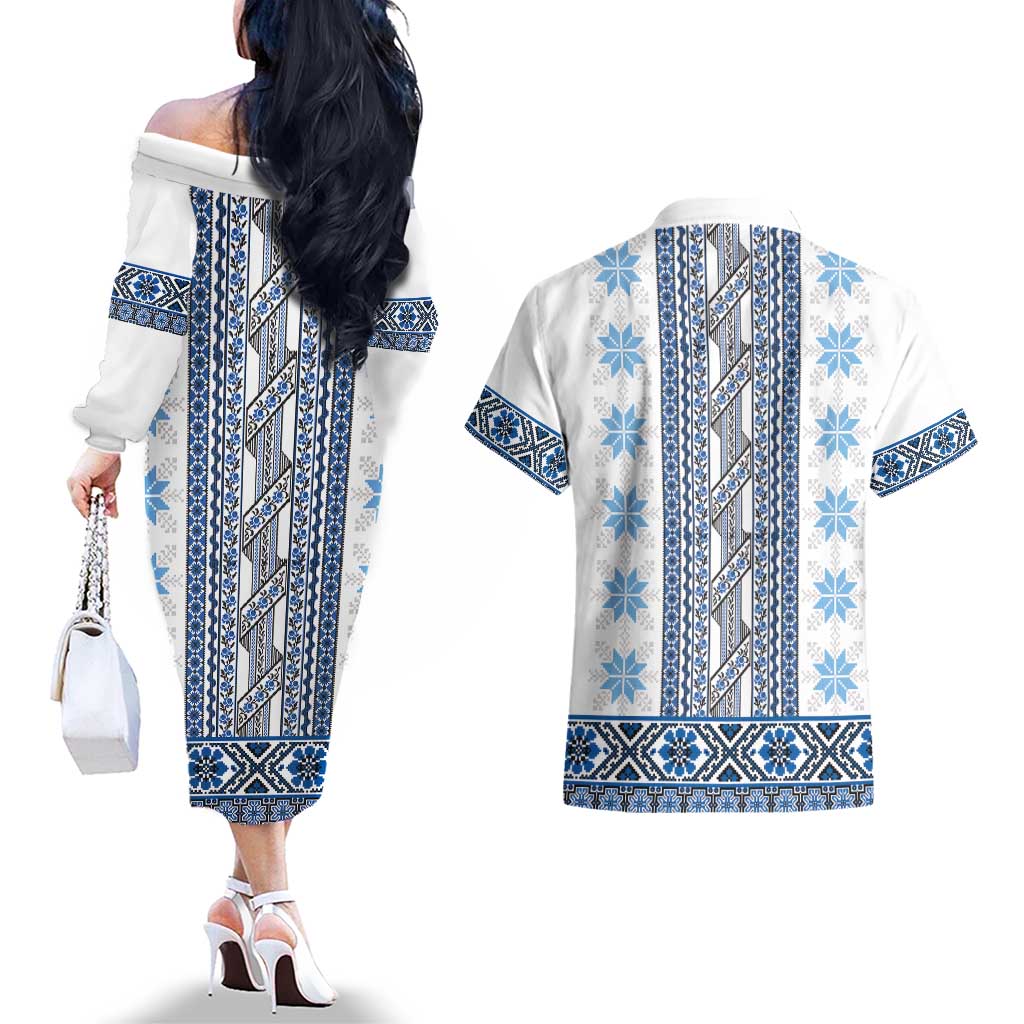 Ukraine Couples Matching Off The Shoulder Long Sleeve Dress and Hawaiian Shirt Traditional Braided Rope Belt Blue Folk Pattern