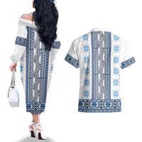 Ukraine Couples Matching Off The Shoulder Long Sleeve Dress and Hawaiian Shirt Traditional Braided Rope Belt Blue Folk Pattern