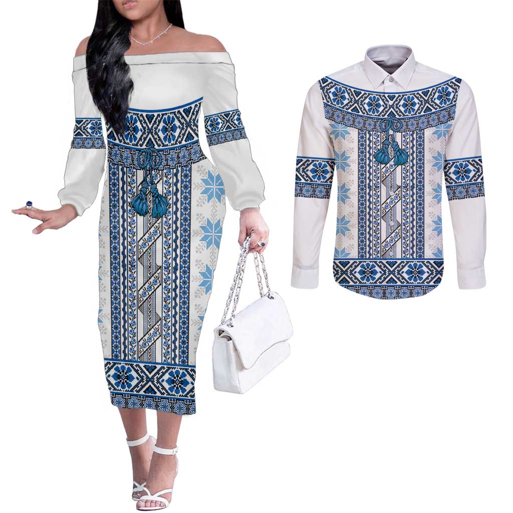 Ukraine Couples Matching Off The Shoulder Long Sleeve Dress and Long Sleeve Button Shirt Traditional Braided Rope Belt Blue Folk Pattern
