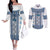 Ukraine Couples Matching Off The Shoulder Long Sleeve Dress and Long Sleeve Button Shirt Traditional Braided Rope Belt Blue Folk Pattern