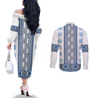 Ukraine Couples Matching Off The Shoulder Long Sleeve Dress and Long Sleeve Button Shirt Traditional Braided Rope Belt Blue Folk Pattern