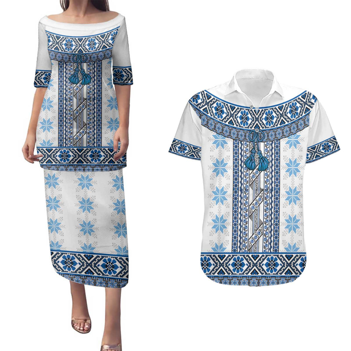 Ukraine Couples Matching Puletasi and Hawaiian Shirt Traditional Braided Rope Belt Blue Folk Pattern