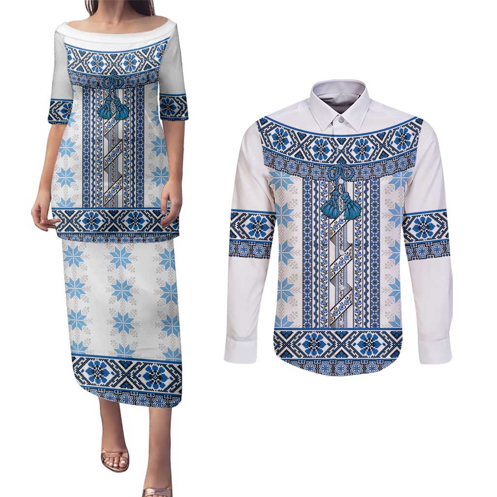 Ukraine Couples Matching Puletasi and Long Sleeve Button Shirt Traditional Braided Rope Belt Blue Folk Pattern