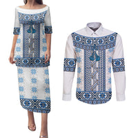 Ukraine Couples Matching Puletasi and Long Sleeve Button Shirt Traditional Braided Rope Belt Blue Folk Pattern
