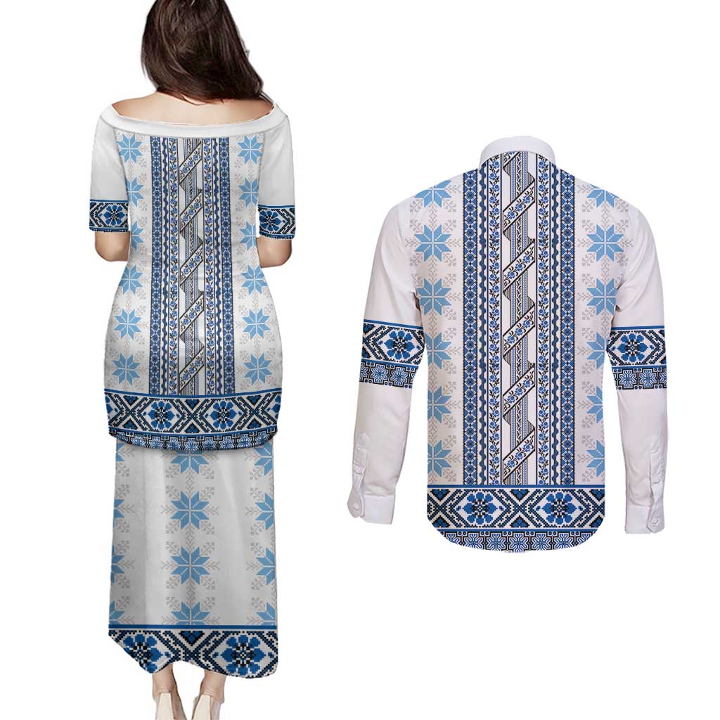 Ukraine Couples Matching Puletasi and Long Sleeve Button Shirt Traditional Braided Rope Belt Blue Folk Pattern