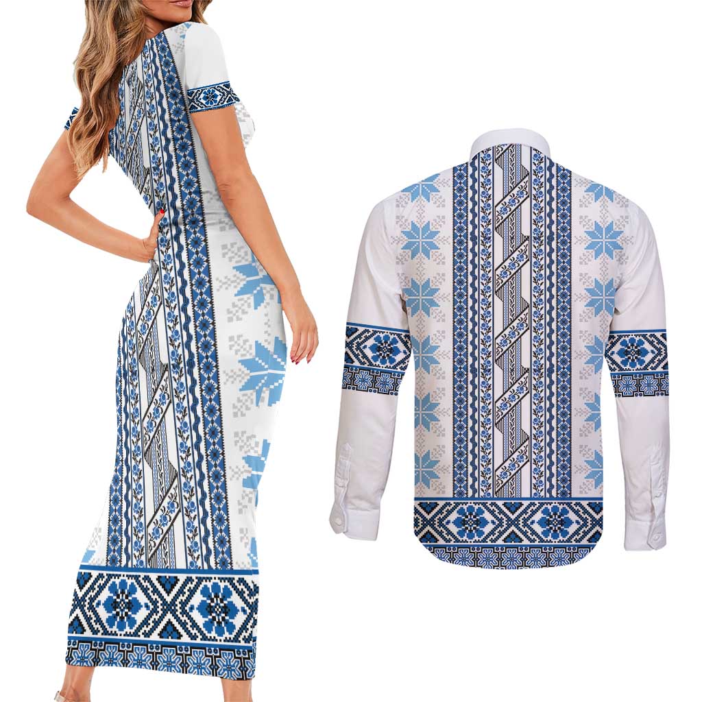Ukraine Couples Matching Short Sleeve Bodycon Dress and Long Sleeve Button Shirt Traditional Braided Rope Belt Blue Folk Pattern