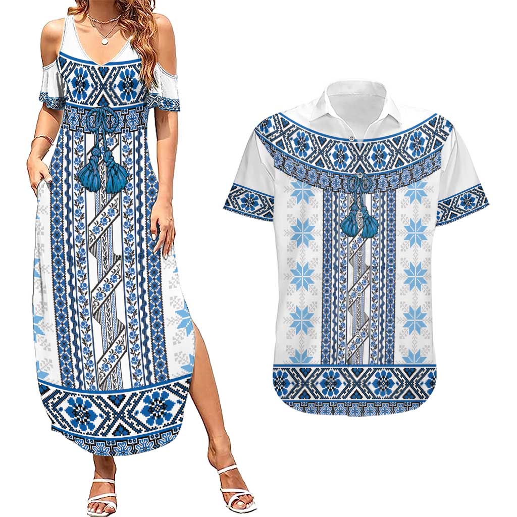 Ukraine Couples Matching Summer Maxi Dress and Hawaiian Shirt Traditional Braided Rope Belt Blue Folk Pattern