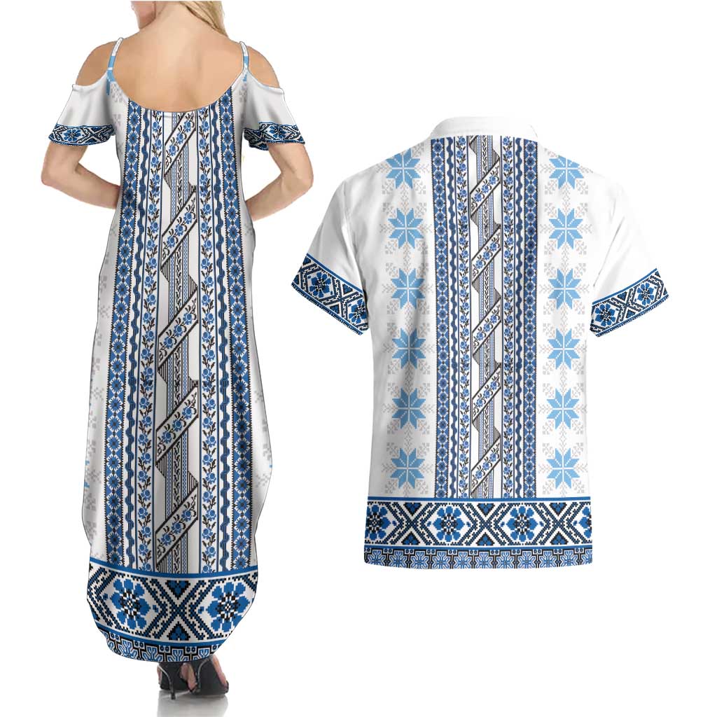 Ukraine Couples Matching Summer Maxi Dress and Hawaiian Shirt Traditional Braided Rope Belt Blue Folk Pattern