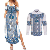 Ukraine Couples Matching Summer Maxi Dress and Long Sleeve Button Shirt Traditional Braided Rope Belt Blue Folk Pattern