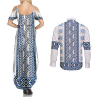 Ukraine Couples Matching Summer Maxi Dress and Long Sleeve Button Shirt Traditional Braided Rope Belt Blue Folk Pattern