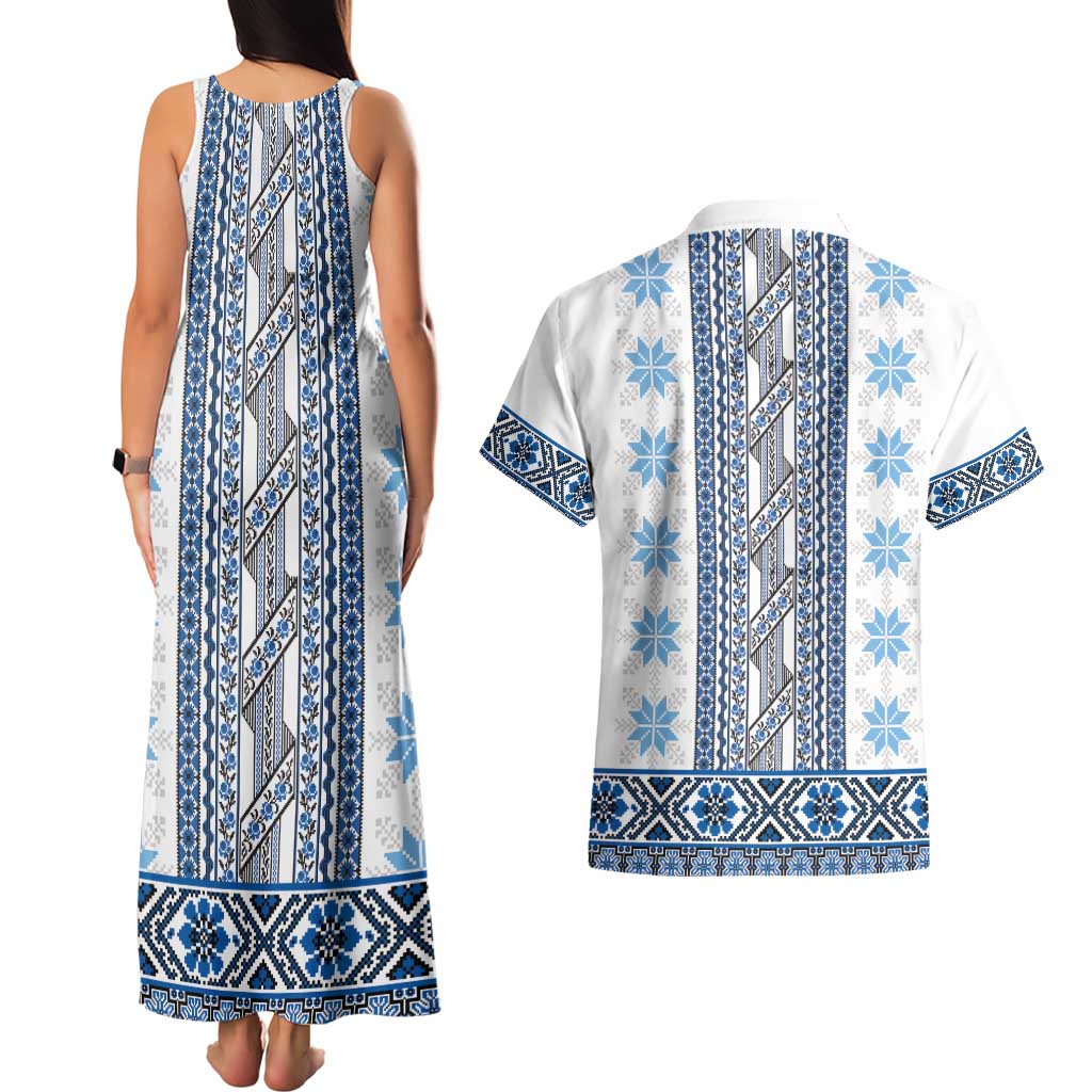 Ukraine Couples Matching Tank Maxi Dress and Hawaiian Shirt Traditional Braided Rope Belt Blue Folk Pattern