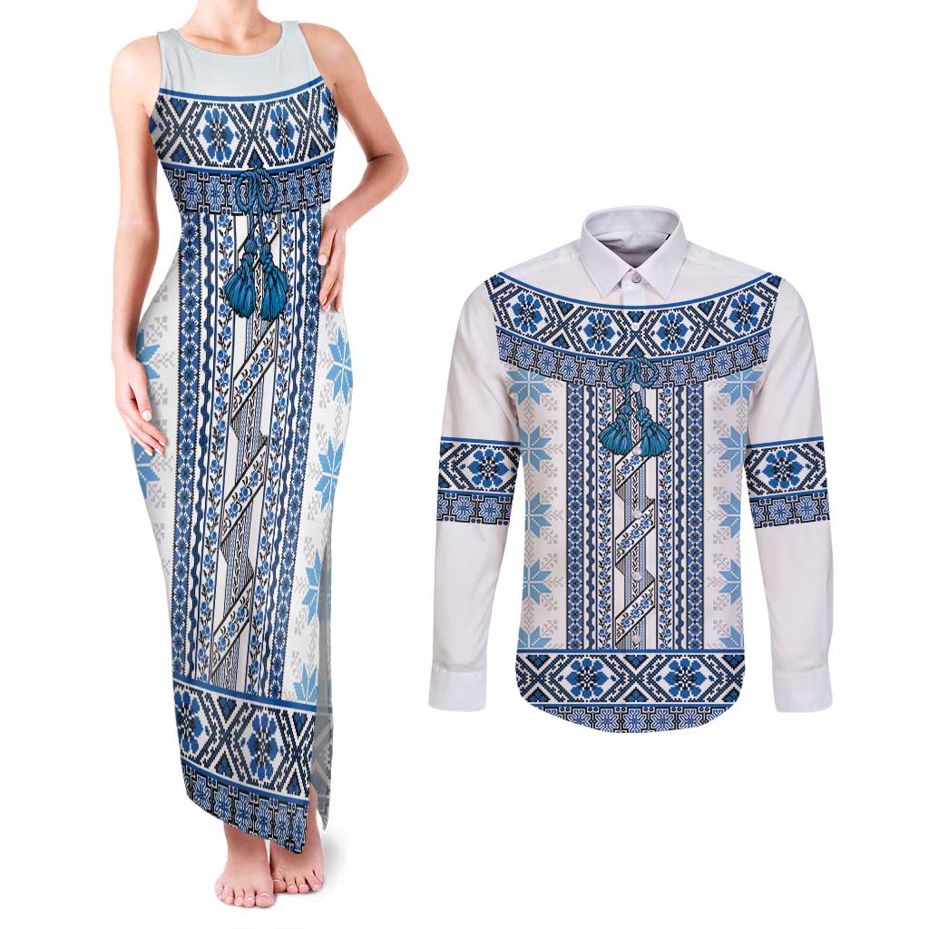 Ukraine Couples Matching Tank Maxi Dress and Long Sleeve Button Shirt Traditional Braided Rope Belt Blue Folk Pattern