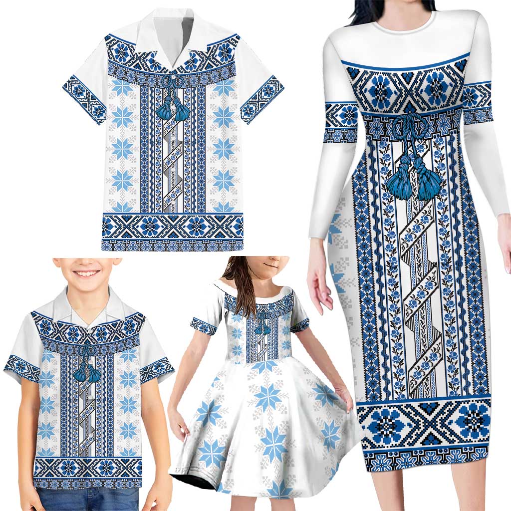Ukraine Family Matching Long Sleeve Bodycon Dress and Hawaiian Shirt Traditional Braided Rope Belt Blue Folk Pattern