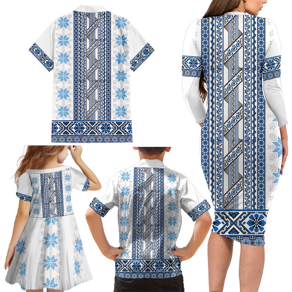 Ukraine Family Matching Long Sleeve Bodycon Dress and Hawaiian Shirt Traditional Braided Rope Belt Blue Folk Pattern